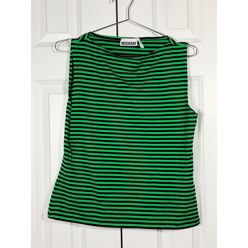 Weekday Womens Green Black Striped Sleeveless Boat Neck Lyocell Top Sz Large